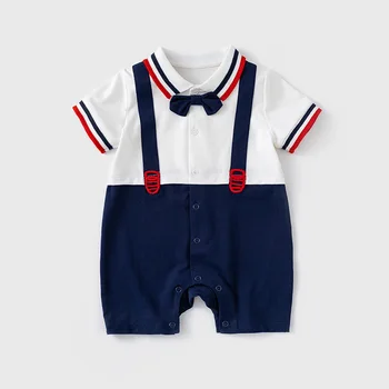 Современная джентльменская одежда для младенцев, Летняя верхняя одежда, комбинезон Babi Boy с коротким рукавом и пуговицами для маленьких мальчиков, комплект из двух предметов