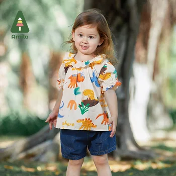 Комплекты одежды для маленьких девочек Amila, новинка лета 2023, 100% хлопок, милая рубашка с рисунком динозавра + шорты, костюм из 2 предметов, детская одежда