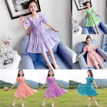 Летнее фиолетовое повседневное платье для девочек с коротким рукавом, модные однотонные юбки принцессы, милая шифоновая детская одежда для детей от 3 до 12 лет