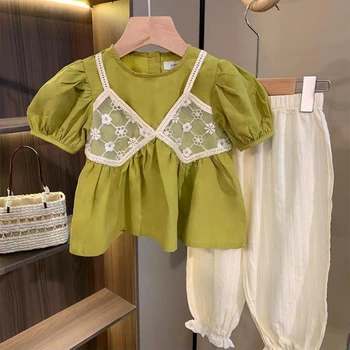 Летние комплекты одежды для девочек, наряд в корейском стиле, модный поддельный топ из двух частей с короткими рукавами + широкие брюки, комплекты одежды из 2 предметов, костюм