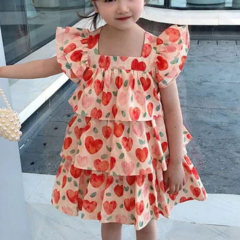 Корейское платье с цветочным рисунком в виде красного сердца, повседневное летнее платье для девочек с квадратным вырезом и принтом в виде нескольких сердечек, Оранжевая одежда, платья, одежда для маленьких девочек