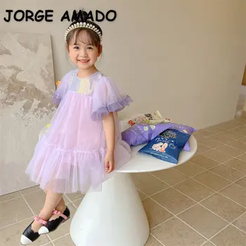 Новое летнее платье в корейском стиле для маленькой девочки, светло-фиолетовое платье принцессы с круглым воротником и блестками, детская одежда E20213