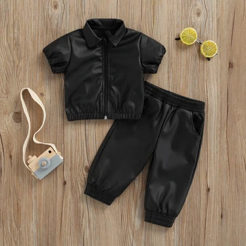 Модный комплект одежды для девочек и мальчиков, весеннее черное кожаное пальто с коротким рукавом, топ + длинные брюки, Детский Комплект одежды из 2 предметов 1-6 лет