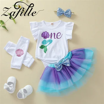 ZAFILLE 1st Birthday Girl Outfit Детский комплект Боди с буквенным принтом + платье принцессы Для вечеринки, детский костюм для малышей, Милая Детская одежда