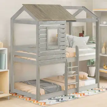 Двухъярусная кровать Twin Over Twin Деревянная кровать-чердак с крышей, окном, перилами, лестницей (антично-серый)