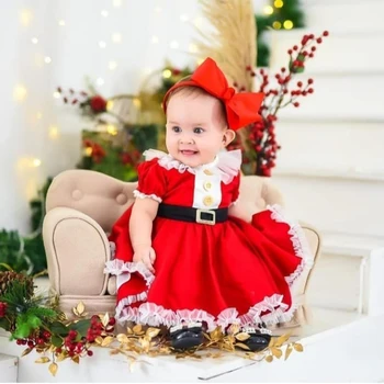 Милое рождественское платье для девочек, Рождественское платье для маленьких девочек, Сетчатое Платье Санта Клауса с коротким рукавом и пуговицами спереди С черным поясом