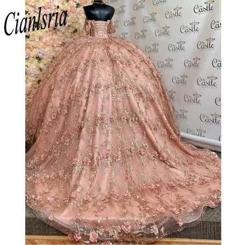 Блестящий корсет с открытыми плечами, пышные платья, бальное платье, кружево с 3D цветами, Sweet 15 Vestidos De XV Años