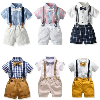 Летнее праздничное платье для маленьких мальчиков, хлопковый костюм с коротким рукавом, рубашка + шорты с поясом, Комплекты одежды для джентльменов для мальчиков, 2 шт.