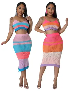 Сексуальные комплекты пляжных платьев из вязаного трикотажа в сеточку, женский укороченный топ на бретельках и длинные юбки, летние полосатые цветные накидки в стиле пэчворк