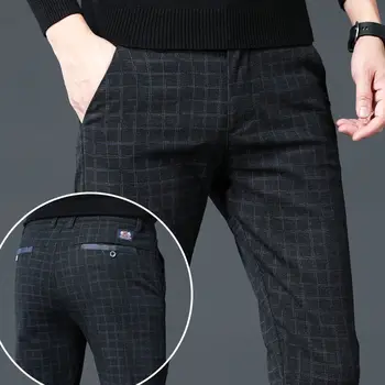 Осенние повседневные брюки, мужские модельные брюки, приталенные клетчатые брюки, мужские деловые прямые брюки в корейском стиле для молодежи и среднего возраста
