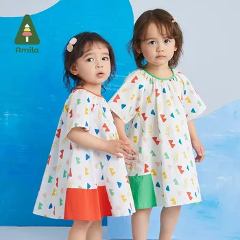 Платье для маленьких девочек Amila, Новинка лета 2023, 100% хлопок, милые платья с геометрическим рисунком, повседневные платья для шитья, Детская одежда от 0 до 6 лет