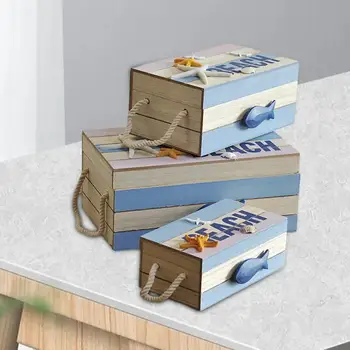 3x Деревянный ящик для хранения в средиземноморском стиле, коробка для безделушек, Пляжная коробка, Декоративная коробка для кухни