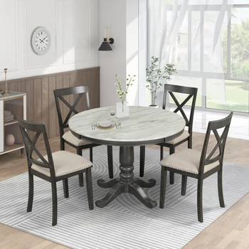 Обеденный стол и стулья из 5 предметов на 4 персоны, кухонный гарнитур, Один стол из массива дерева с 4 стульями