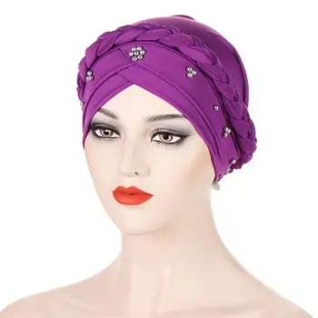 Модные женские тюрбаны с бисером, мусульманские хиджабы, Индийские головные уборы, Однотонные Шляпы от выпадения волос, Африканские головные уборы с плетеной тесьмой