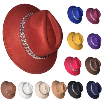 Фетровая шляпа со стразами, аксессуары со стразами, новая шляпа с плоскими полями 7 см, монохромная шляпа для пары, хип-хоп, джазовая шляпа кепкаженская