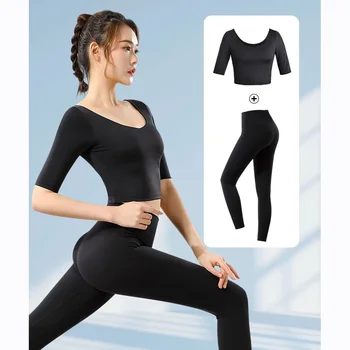 Одежда для йоги, женский топ с накладками на грудь, средний рукав, сексуальные штаны для йоги, профессиональный спортивный комплект для фитнеса высокого класса, женский комплект для фитнеса