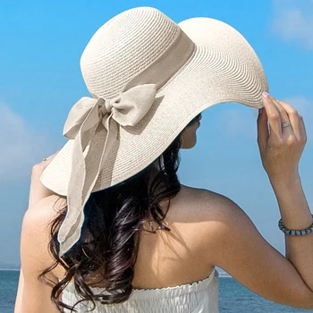 Летняя Женская соломенная шляпа С широкими полями и бантом, Гибкие Панамы, Женская Уличная Складная Пляжная солнцезащитная кепка