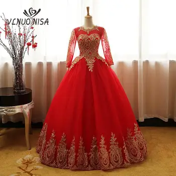 9 Цветов Модное винтажное милое Золотое кружевное красное свадебное платье с длинным рукавом Плюс размер Свадебное бальное платье Robe de Mariee
