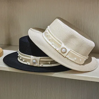 Женская шляпа Канотье с жемчужной лентой, солнцезащитные шляпы с широкими полями, Плетеная соломенная шляпа, летняя пляжная шляпа в стиле Кентукки, дерби, женские канотье