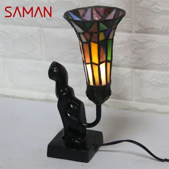 Стеклянная настольная лампа SAMAN Tiffany LED Modern Creative Cat, Новинка, настольная лампа для декора дома, гостиной, прикроватной тумбочки в спальне