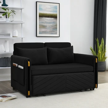 Современный раскладной диван-кровать 54 дюйма с 2 съемными карманами для рук, бархатный диван Loveseat с выдвижной кроватью, черный