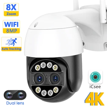8-Мегапиксельная IP-камера 4K WiFi Security с 8-кратным Зумом И Двойным Объективом 2K 4MP CCTV Камера Видеонаблюдения AI Human Detect Auto Tracking IP66 iCSee APP
