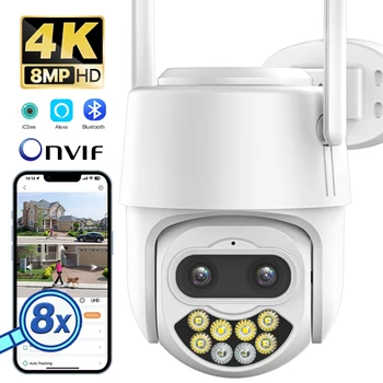 4K 8MP HD PTZ WiFi Камера с 8-кратным Зумом 2,8 + 12 мм IP-Камера с Двойным Объективом 4MP Ai Обнаружение человека Камера Видеонаблюдения iCSee