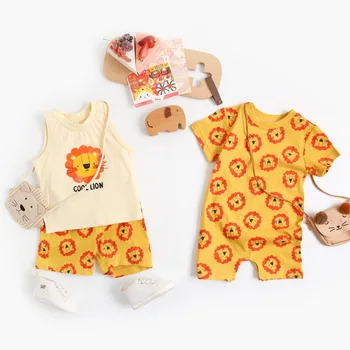 Комплекты одежды для новорожденных со львом, жилет для мальчика + короткие Костюмы из 2 предметов, Летняя Одежда для девочек с героями мультфильмов, Одежда для младенцев 0-36 м