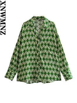 XNWMNZ 2023 Женская Модная рубашка с геометрическим принтом Женское Ретро Поло С длинным рукавом и пуговицами спереди Повседневный топ Женская Шикарная блузка