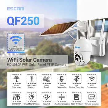 Облачное хранилище ESCAM QF250 1080P, Wi-Fi Аккумулятор, PIR-сигнализация, купольная IP-камера с солнечной панелью, полноцветное ночное видение, двустороннее аудио
