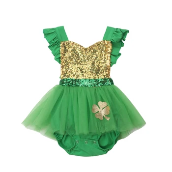 Новорожденные Малыши, Малышки, оборки, рукав-лепесток, расшитое блестками лоскутное платье с принтом четырехлистного клевера, кружевное платье-пачка, комбинезоны