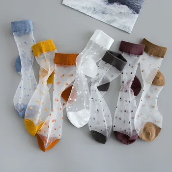 Шелковые носки в горошек с кристаллами, женские летние ультратонкие Прозрачные эластичные длинные носки, Японские модные Винтажные стеклянные шелковые носки
