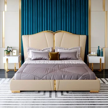 Роскошная кожаная кровать американская скандинавская двуспальная кровать главная спальня современная простая высококлассная мягкая кровать