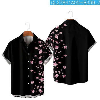 Летняя рубашка с коротким рукавом, пляжные шорты, Черная повседневная мужская блузка с цветочным принтом, уличная одежда для праздничных вечеринок