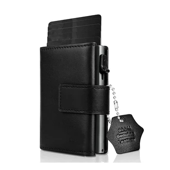 Черный футляр для кредитных карт, мини-кошелек на молнии, портмоне для денег, защита от RFID, Натуральная кожа, Маленький алюминиевый держатель для карт