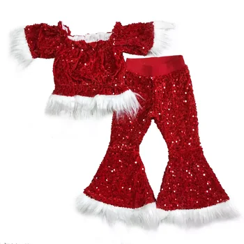 Рождественские комплекты одежды с красными блестками для маленьких девочек, расклешенные штаны-клеши с коротким рукавом, новые дизайнерские наряды для детей, в наличии на складе