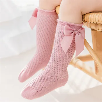 Летние Детские носки для девочек в королевском стиле с бантом до колена, ажурные Носки для малышей, Хлопковые носки с бантом в трубочку, Детские Открытые носки Sox