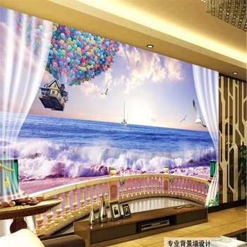 wellyu Креативный трехмерный закат на берегу моря, ТВ-фон, стена, изготовленная на заказ большая фреска, зеленые шелковые обои papel de parede
