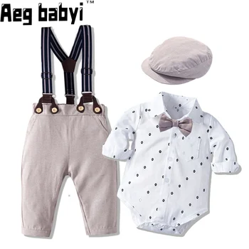 Комплект одежды для новорожденных мальчиков Комбинезон с бабочкой + брюки на подтяжках + шляпа Джентльменские костюмы Летние вечерние костюмы для маленьких мальчиков