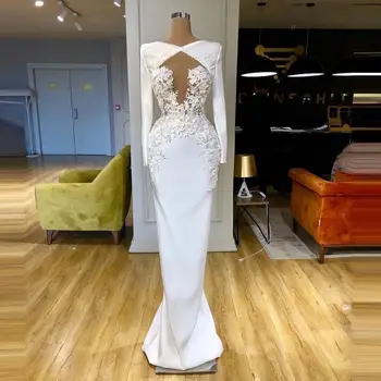 Простые белые Элегантные платья Русалки для выпускного вечера С цветочными аппликациями И длинными рукавами, вечерние женские платья длиной до пола