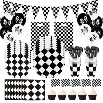 Черно-белый гоночный автомобиль, принадлежности для тематических вечеринок, набор одноразовой посуды, бумажные тарелки, стаканчики, украшения для детского душа на День рождения мальчиков