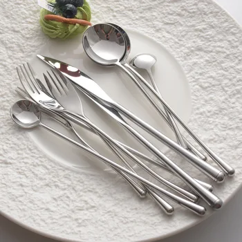 Зеркало 304 Ножи из нержавеющей стали, вилки, ложки, вилка для фруктов, чайная ложка, десертная посуда, Изогнутая ручка, посуда для кухни ресторана